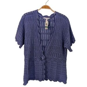 JM Collection Painted Gardens Baltic Blue Crochet Button Front‎ Cardigan PL NWT